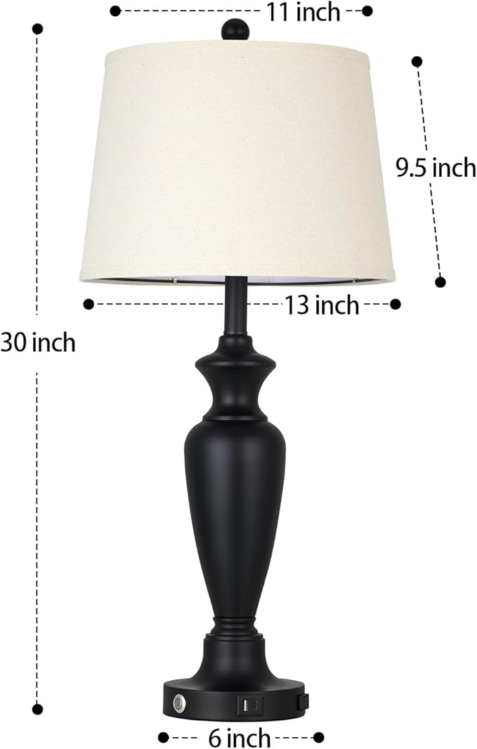 luxeflow Black Table Lamp for Living Room Single, 30″ Tall Touch Control Bedside Lamp for Bedroom, 3-Way Dimmable Nightstand Lamp with USB A+C Ports and AC Outlet (1 Pack)