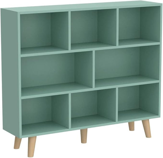 IOTXY Wooden Open Shelf Bookcase - 3-Tier Floor Standing Display Cabinet Rack with Legs, 8 Cubes Bookshelf, Tiffany-Green | Display Cabinet, Rack, with Legs, Bookshelf