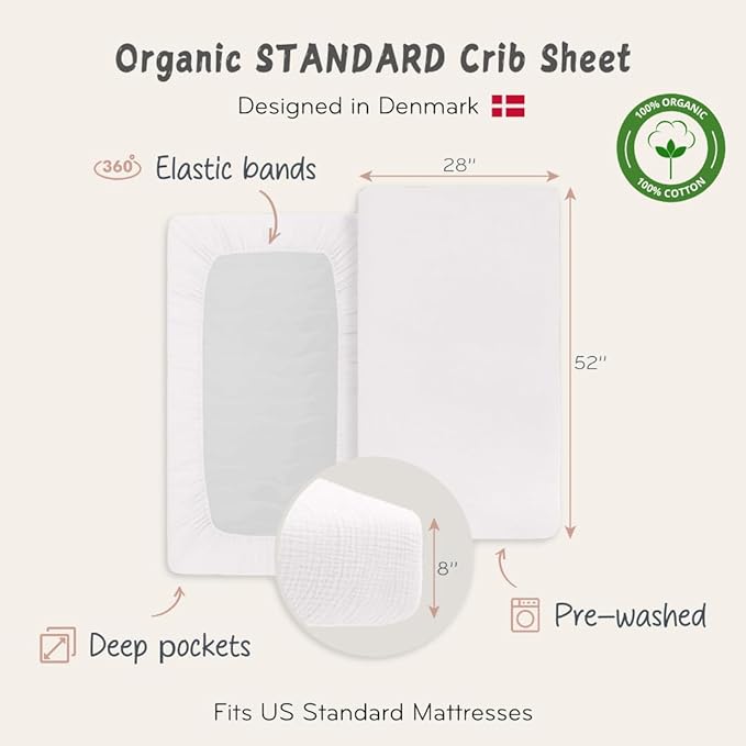 Crib Sheets – Organic Cotton Muslin Fitted Crib Sheet – Standard Size for Baby Boy and Baby Girl 28" x 52" Ultra-Soft and Breathable. (Soft White)