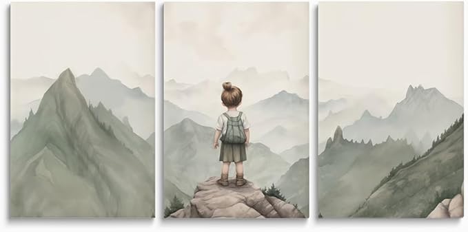 Baby Girl Adventure Toddler Decor Set, Vintage Hiking Woodland Mountain Nursery Wall Art, Framed 16"x24"