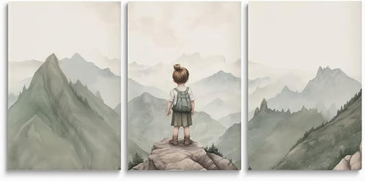 Baby Girl Adventure Toddler Decor, Vintage Hiking Woodland Mountain Nursery Wall Art, Framed, 12"x16"