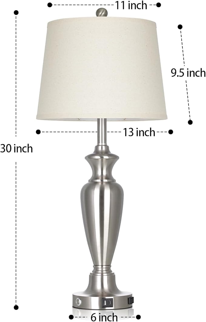 luxeflow Silver Table Lamp for Living Room Single, 30″ Tall Touch Control Bedside Lamp for Nightstand, 3-Way Dimmable Bedroom Lamp with USB A+C Ports and AC Outlet (1 Pack)