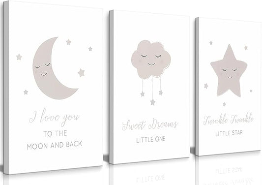 Framed Nursery Wall Art Beige Boho Moon Stars Cloud Canvas Wall Decor Neutral Nordic Baby Gentle and Sweet Cartoon Pictures Prints Posters for Boys Girls Bedroom Kids Room Ready To Hang 16x24inx3