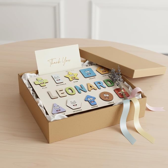 Personalized Name Puzzle for Toddlers 1-3, Customized Baby Girl Gift, Custom Baby Boy Gift, Wooden Name Puzzle for Kids, Custom Baby Stuff, Baby Nursery Room Decor (Shapes - 10 Figures)