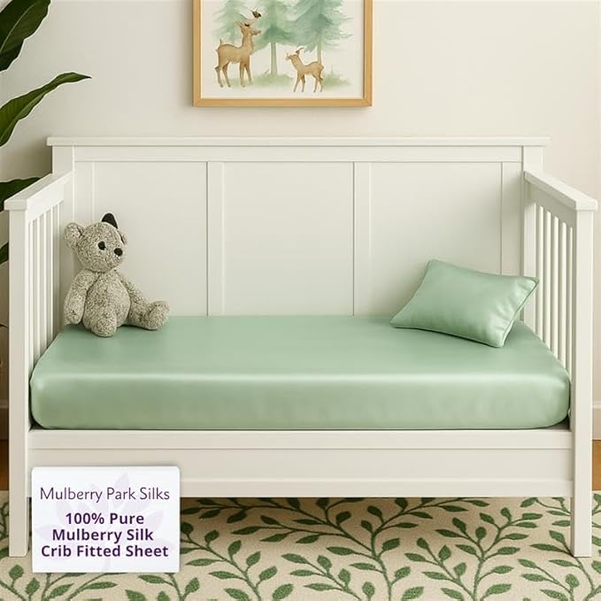 Mulberry Park Fitted Silk Crib Sheet - Grade 6A Pure 19 Momme Toddler Bedding - Gentle on Baby's Delicate Skin, Helps with Bald Spot, Eczema, Dry Skin & Cradle Cap - 28" x 52" / Goodnight Green