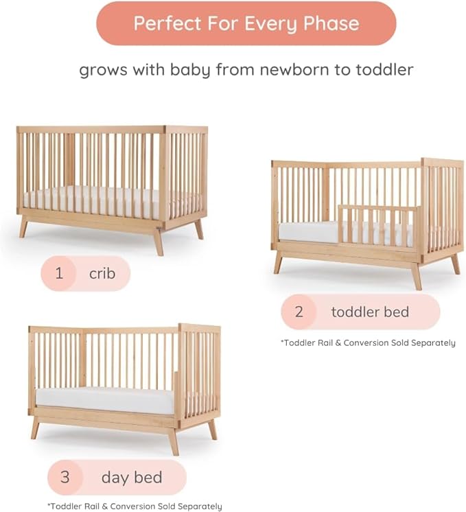 dadada Baby Soho 3-in-1 Convertible Wooden Crib to Toddler Bed - Made in Italy, GREENGUARD Gold Certified, Baby-Safe Finish, Handcrafted Beechwood, Modern Design, 3 Adjustable Heights (Natural)