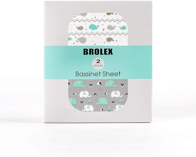 Stretch Fitted Bassinet Sheet Set BROLEX 2 Pack Cradle Sheets for Bassinet Pad/Mattress,Unisex Boys Girls,Ultra Soft,Elephant Whale