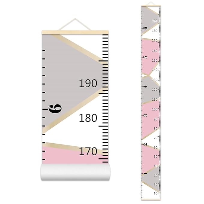 Nustila Pink Gray Color Block Growth Chart for Kids Baby Height Chart Ruler Removable Canvas Wooden Frame Hanging Wall Rulers Measurement Charts for Toddler Room Decor - 79"X7.9" with Beige Wood