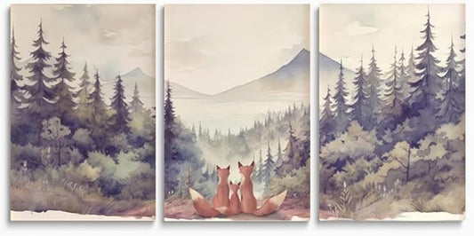 Fox Family Nursery Decor Print Vintage Family of Three Animal Wall Art Set of 3 Woodland Nursery Wall Decor Mountain Forest Nature Poster for Kid Baby Boy Girl Room Decor Framed Canvas 12"x16"x3