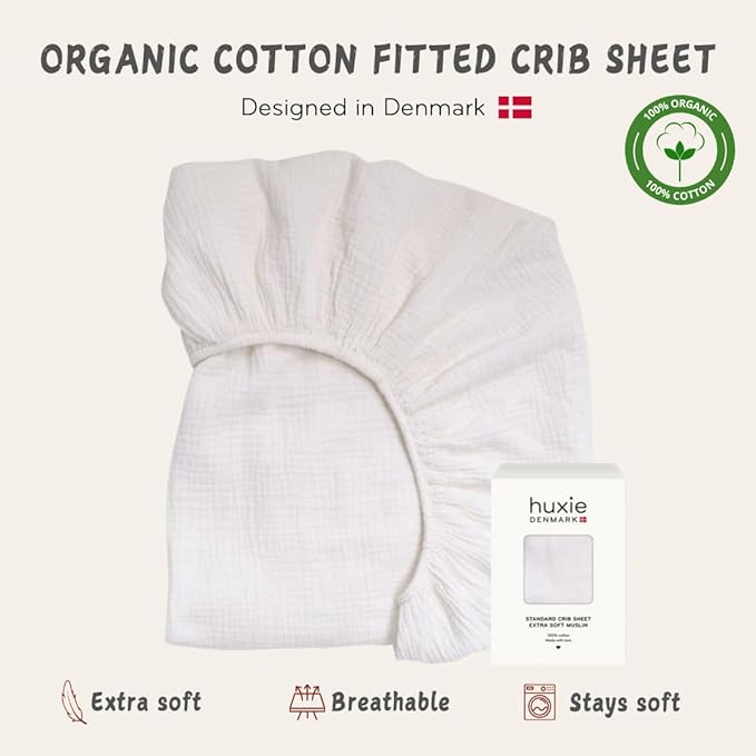 Crib Sheets – Organic Cotton Muslin Fitted Crib Sheet – Standard Size for Baby Boy and Baby Girl 28" x 52" Ultra-Soft and Breathable. (Soft White)