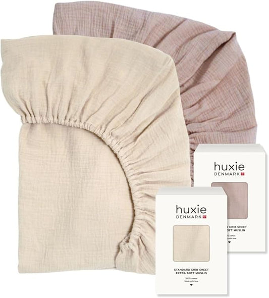 Crib Sheets – Organic Cotton Muslin Fitted Crib Sheet – Standard Size for Baby Boy and Baby Girl 28" x 52" Ultra-Soft and Breathable- 2-Pack (Fog/Blush)