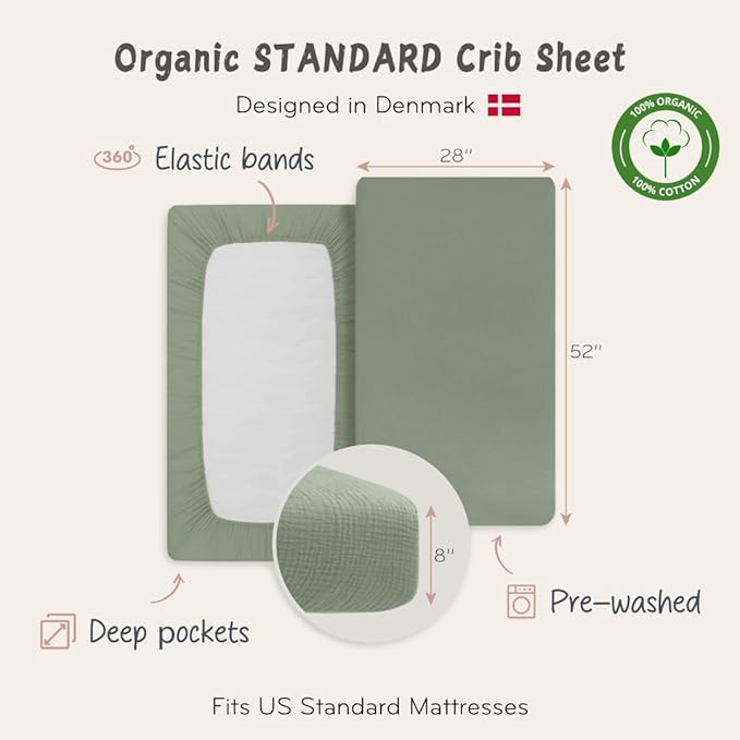 Crib Sheets – Organic Cotton Muslin Fitted Crib Sheet – Standard Size for Baby Boy and Baby Girl 28" x 52" Ultra-Soft and Breathable. 2-Pack (Fog/Roman Green)