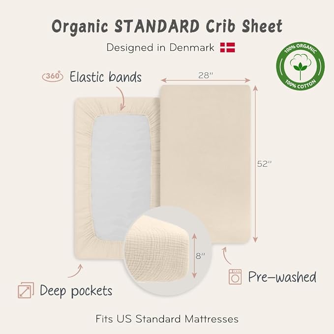 Crib Sheets – Organic Cotton Muslin Fitted Crib Sheet – Standard Size for Baby Boy and Baby Girl 28" x 52" Ultra-Soft and Breathable. (Fog)