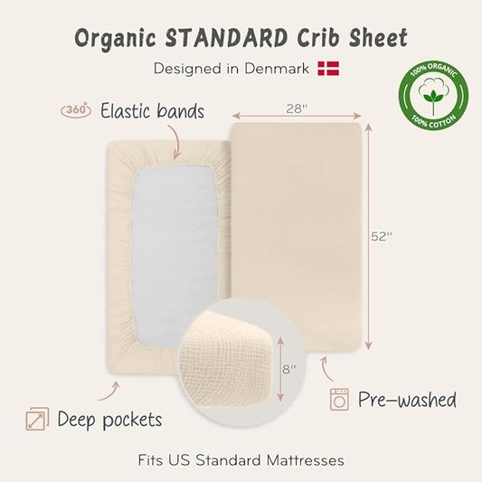 Crib Sheets – Organic Cotton Muslin Fitted Crib Sheet – Standard Size for Baby Boy and Baby Girl 28" x 52" Ultra-Soft and Breathable. (Fog)