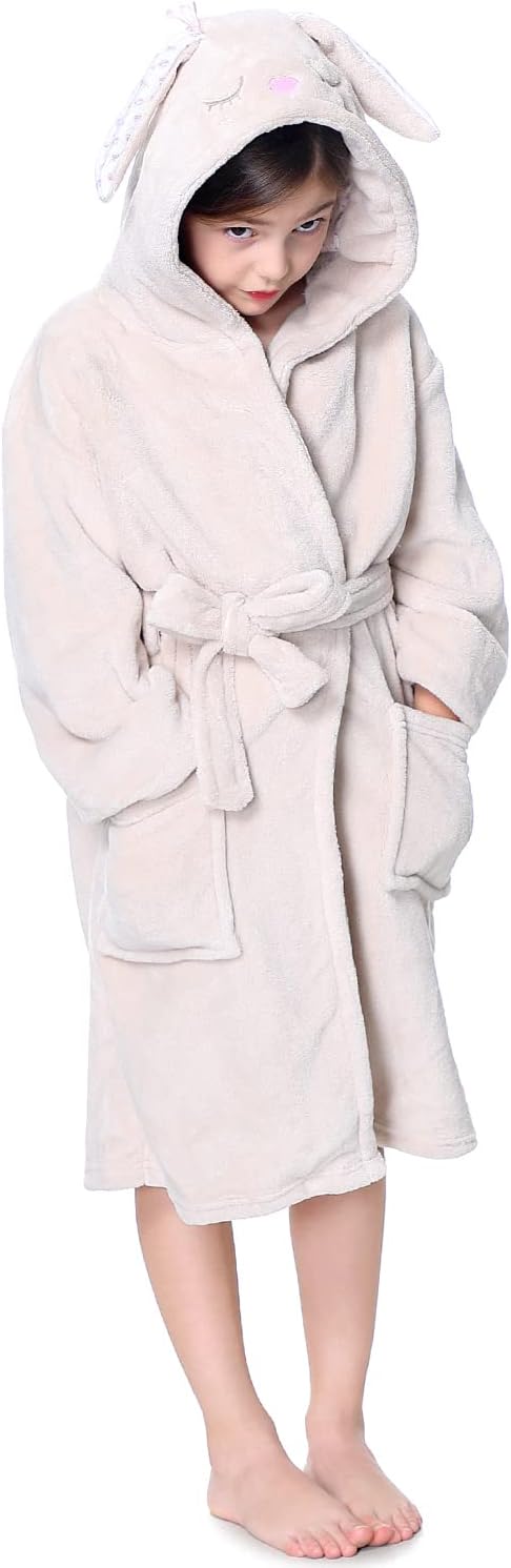 Hooded Herringbone Girl's Fleece Soft Spa Kimono Long Robe,Kids Comfy Sleepwear Bathrobe