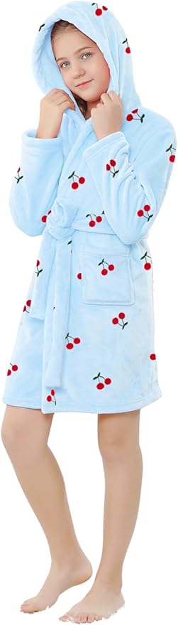 Umeyda Girls Fleece Hooded Robes, Warm Printed Bath Robe for Kids Soft Fuzzy Bathrobe for Gifts