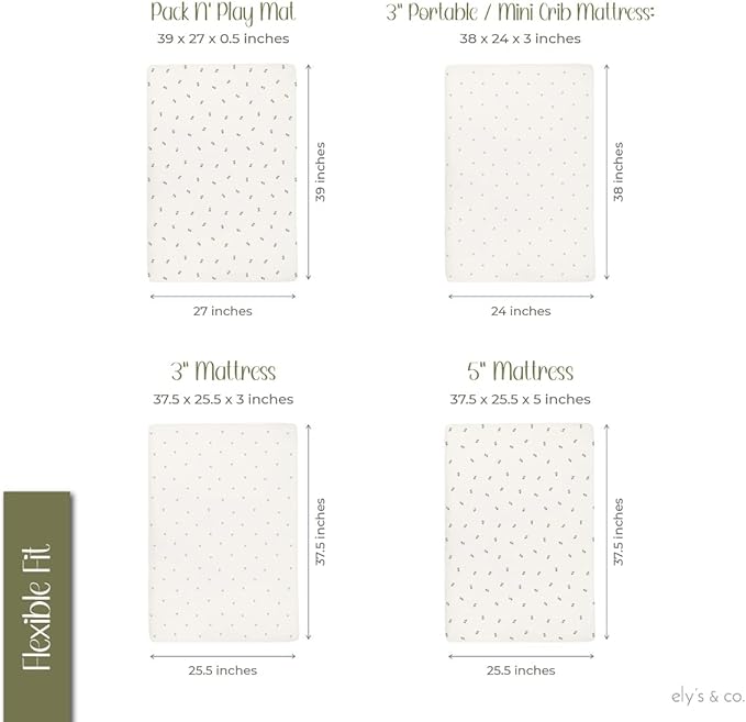 Ely's & Co. Patent Pending Waterproof Pack and Play Sheets, 100% Cotton with Waterproof Lining – 2 Pack Fitted Mini Crib Sheet Set, Berry and Cluster Dot (Sage) 38” x 24”