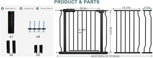 Extra Wide Baby Gate Tension Indoor Safety Gates Black Metal Large Pressure Mounted Pet Gate Walk Through Long Safety Dog Gate for The House Doorways Stairs (48.03"-52.76"/122-134CM, Black)