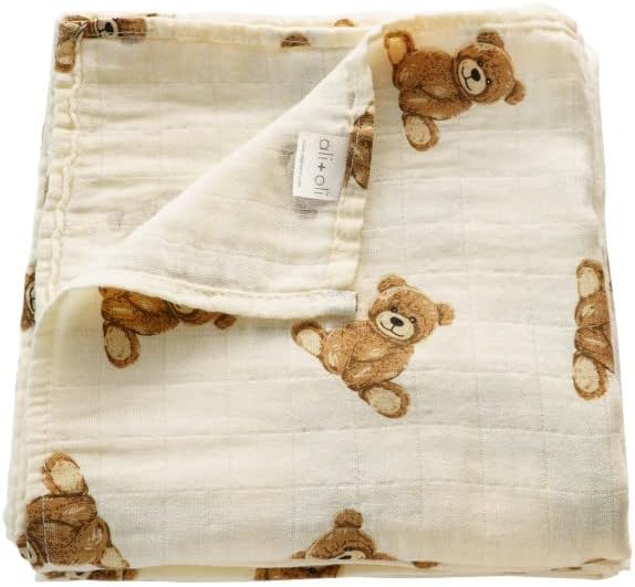 Ali+Oli Muslin Swaddle Blanket for Baby (Teddy Bear) Large 47" x 47" Soft Rayon Made from Bamboo & Organic Cotton, Machine Washable Receiving Blanket Wrap for Newborn to Toddler