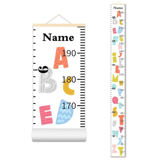 Personalized Growth Chart for Kids, Baby Height Chart with Custom Name, 77"x7.9" Canvas and Beige Wood Height Measuring Rulers for Boys Girls Removable Wall Ruler Hanging for Nursery Decor - Alphabet