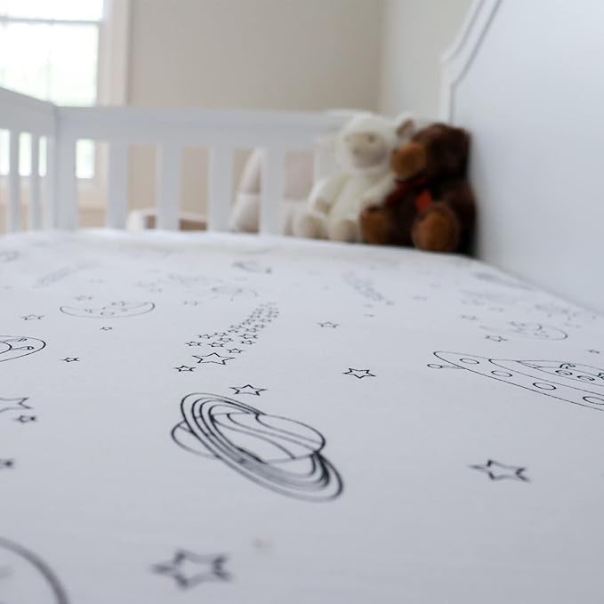 Milky Chic GOTS Fitted Baby Crib Sheet, Breathable 100% Organic Cotton Mattress Sheet for Boys and Girls, Fits Standard Size Mattresses (Space Black & White, Pack of 1)
