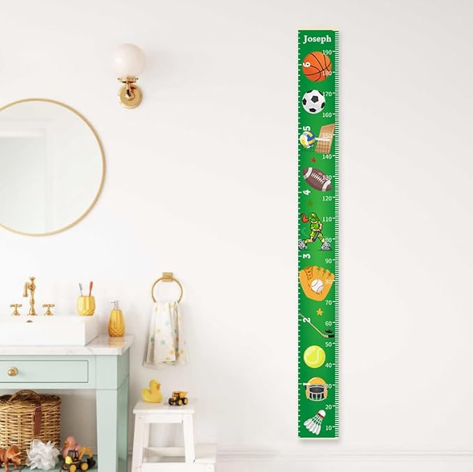 Personalized Growth Chart for Kids, Baby Height Chart with Custom Name, 77"x7.9" Canvas and Beige Wood Height Measuring Rulers for Boys Girls Removable Wall Ruler Hanging for Nursery Decor - Sports