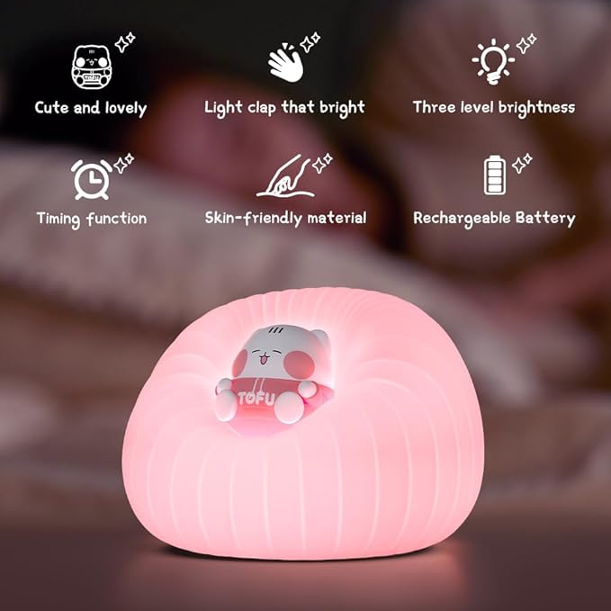 ICARER FAMILY Night Light for Bedroom, Rechargeable LED Lamp with Adjustable Brightness and Automatic Shut-Off, Soft Silicone Design, Touch Control, Gift for Infants, Toddlers, Girls, and Boys