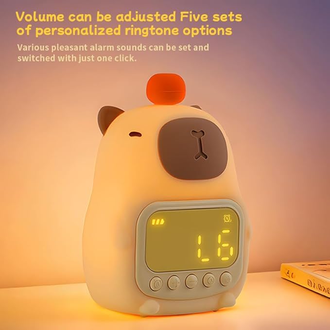 DNBFLLK Capybara Alarm Clock with Night Light for Kids, Cute Toddler Alarm Clocks for Bedrooms Ok to Wake Clocks for Girls and Boys, Rechargeable Silicone Animal Tabletop Lamp for Kid