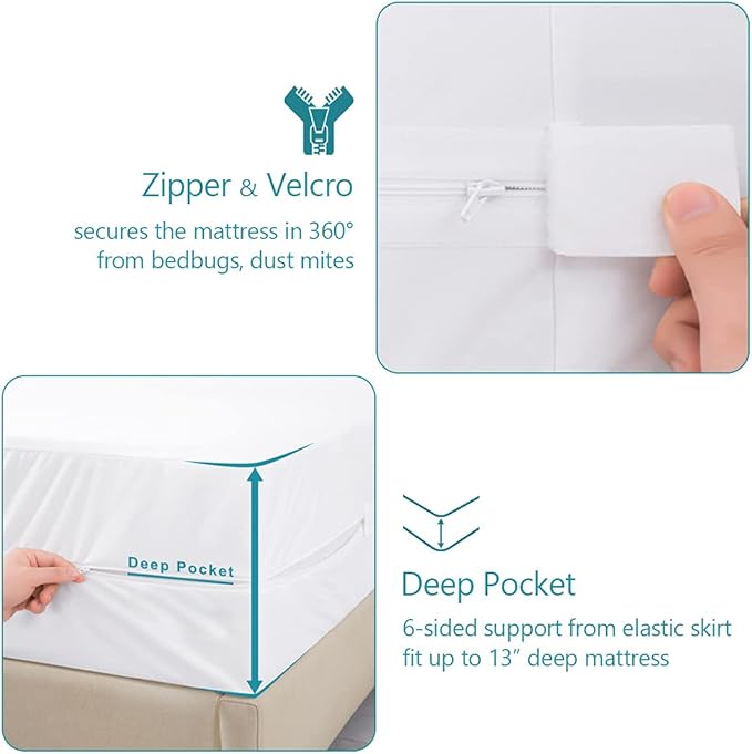 Twin XL Waterproof Zippered Mattress Encasement, Breathable, Noiseless, Machine-Washable Zipped Mattress Cover, Fitting 7" - 13" Deep Mattress 2 Pack