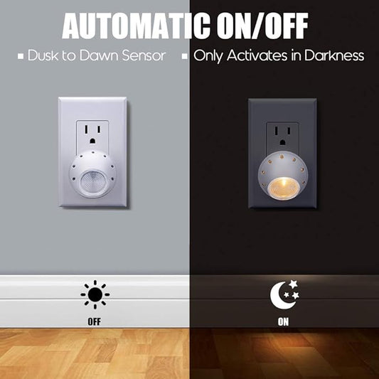 Emotionlite Plug-in Night Lights, Warm White LED Nightlight, 360° Rotation, Dusk to Dawn Sensor, Kids, Adult, Bedroom, Hallway, Bathroom,Kitchen, Stairways, Corridor, 4 Pack