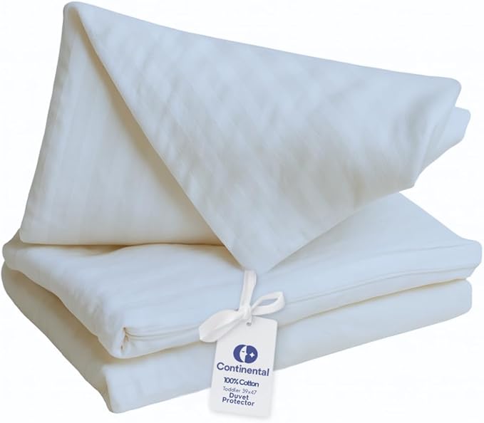 Continental Bedding Toddler Duvet Protector 100% Cotton 300TC Damask Stripe with Zipper Closure and Inner Ties, Fits Crib & Toddler Bed Comforters, 39x47 inch