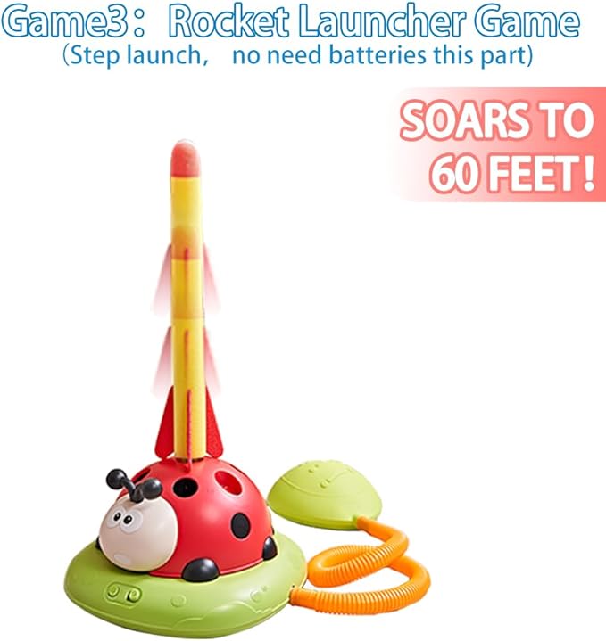 Powza 3 in 1 Musical Jump, Toss Ring Game and Stomping Launch Rocket Launcher for Kids Outdoor Toys with Remote Control, Indoor Outside Toy for Kids Ages 4-8 Toys for Ages 5-7 8-13 Birthday Gifts
