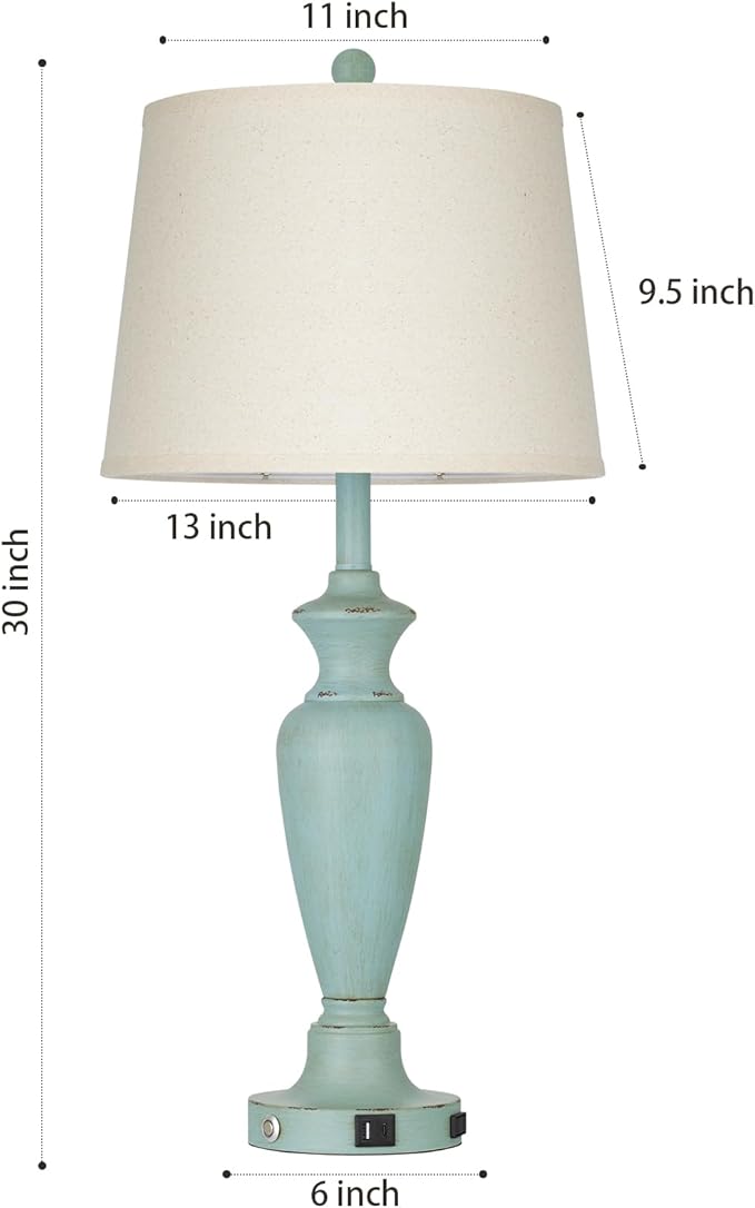Cinyirong 30" Tall Metal Table Lamps Set of 2, Touch Control Bedside Lamps for Bedroom Nightstand, 3-Way Dimmable Farmhouse Lamp for Living Room with Charging Ports, Retro Blue (2 LED Bulbs Included)