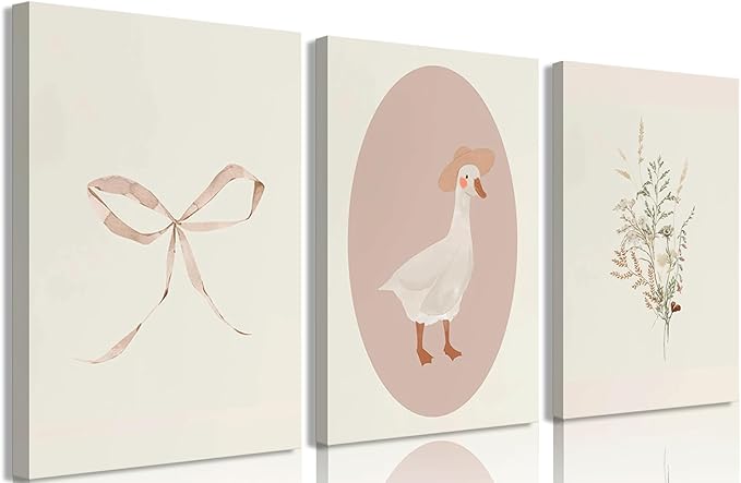 3Pcs Girls Nursery Canvas Wall Art Vintage Goose Wall Decor Pictures Pink Bow Poster Prints Kids Room Painting Artwork for Girls Room Bedroom Living Room Home Decoration,12x16in