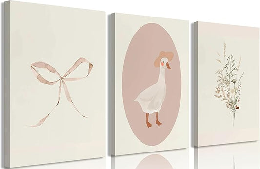 3Pcs Girls Nursery Canvas Wall Art Vintage Goose Wall Decor Pictures Pink Bow Poster Prints Kids Room Painting Artwork for Girls Room Bedroom Living Room Home Decoration,12x16in