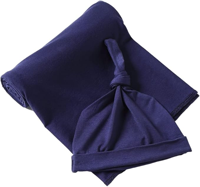 iEvolve Cotton Knitted Baby Swaddle Blanket with Hat Headband Set Newborn Swaddle Wrap Receiving Blankets for Baby Girl Boy 45" x 45"(Navyblue)