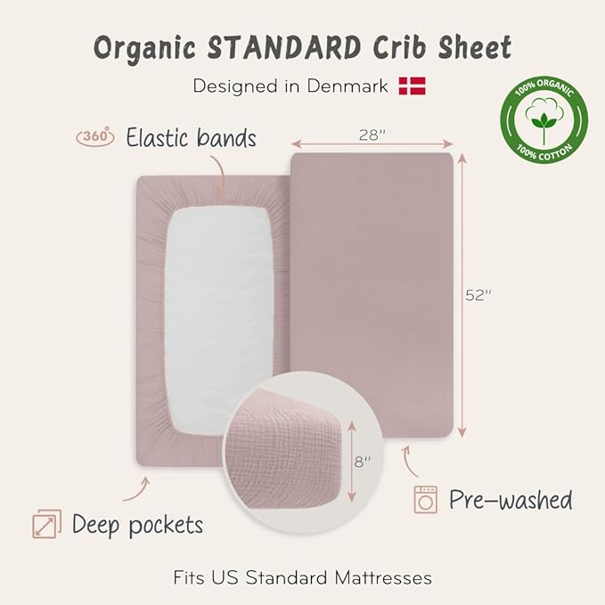 Crib Sheets – Organic Cotton Muslin Fitted Crib Sheet – Standard Size for Baby Boy and Baby Girl 28" x 52" Ultra-Soft and Breathable- 2-Pack (Fog/Blush)