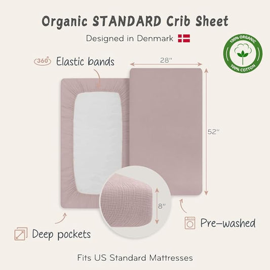 Crib Sheets – Organic Cotton Muslin Fitted Crib Sheet – Standard Size for Baby Boy and Baby Girl 28" x 52" Ultra-Soft and Breathable. (Blush)