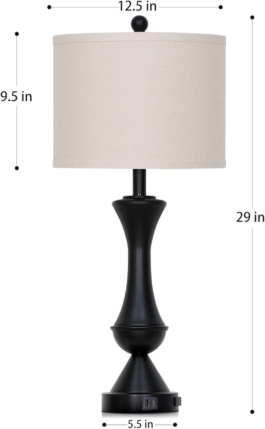 luxeflow 29" Black Tall Table Lamps for Living Room, Touch Control Bedroom Lamp with USB A+C Ports, 3-Way Dimmable Bedside Table Lamps Set of 2, Modern Metal Lamp for Nightstand