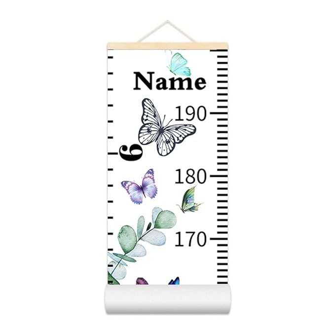 Personalized Growth Chart for Kids, Baby Height Chart with Custom Name, 77"x7.9" Canvas & Beige Wood Height Measuring Rulers for Boys Girls Removable Wall Ruler Hanging for Nursery Decor - Butterfly