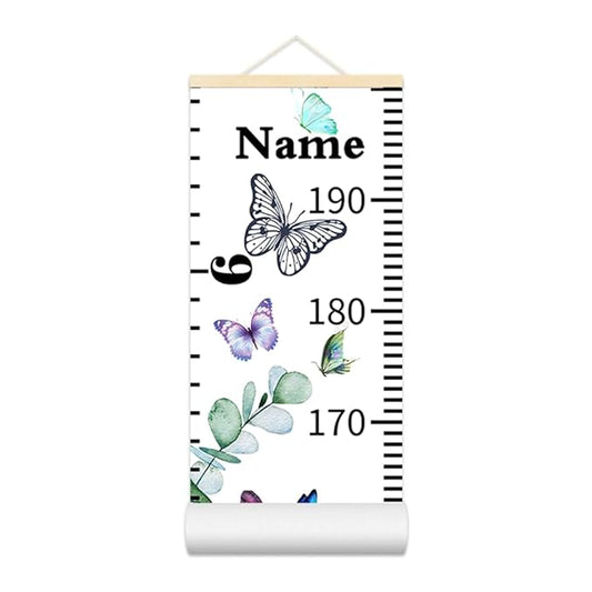 Personalized Growth Chart for Kids, Baby Height Chart with Custom Name, 77"x7.9" Canvas & Beige Wood Height Measuring Rulers for Boys Girls Removable Wall Ruler Hanging for Nursery Decor - Butterfly