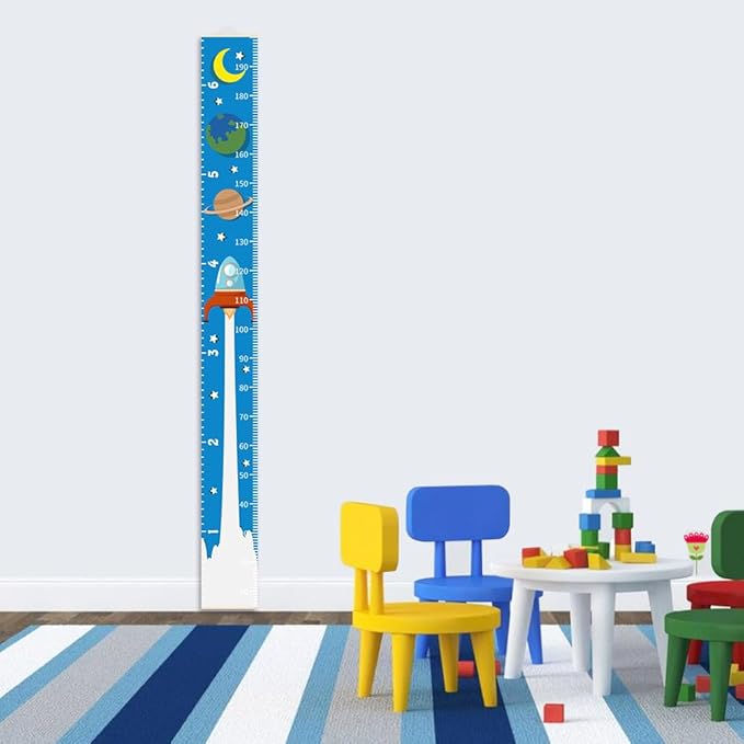 Baby Height Growth Chart - Canvas Height Chart for Kids Baby Child Toddler Boys Girls Growth Chart for Wall Room Nursery Decor Hangable and Removable Measuring Wall Ruler (Rocket, Beige Wood)