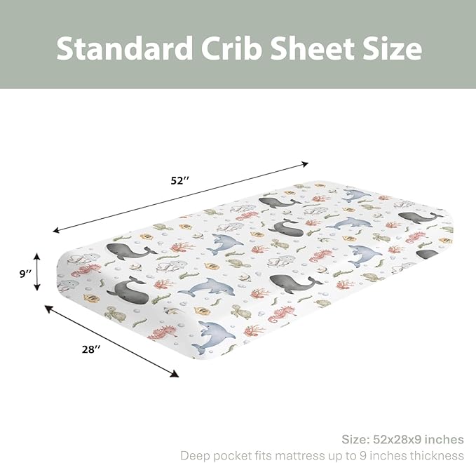 Watercolor Sea Animals Baby Crib Sheets for Boy Girl 28"x52" Whale Dolphin Turtle Jellyfish Coral Soft Snug Fitted Crib Mattress Cover Ocean Marine Baby Sheet for Standard Crib & Toddler Bed Mattress