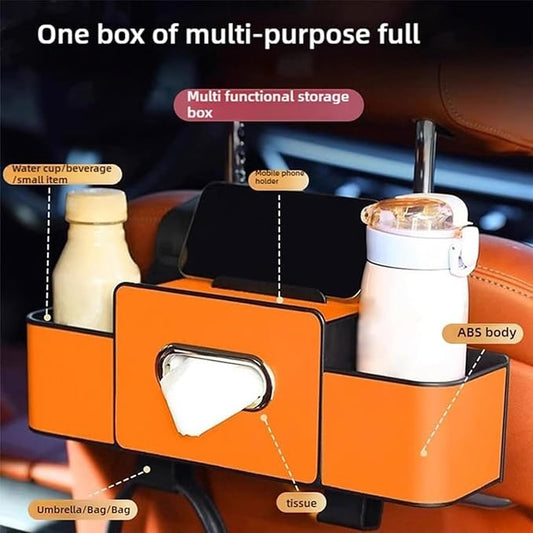 Car Organizer With Tissue Holder, Car Organizer & Storage Box, 5-in-1 Car Organizer Back of Seat, 2 Deep Cup Holders, Tissue Box Holder, Phone & Bag Hooks Zoning Storage (Beige-A)