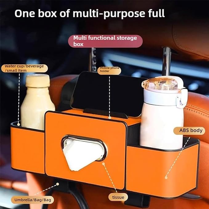 Car Organizer With Tissue Holder, Car Organizer & Storage Box, 5-in-1 Car Organizer Back of Seat, 2 Deep Cup Holders, Tissue Box Holder, Phone & Bag Hooks Zoning Storage (Orange-A)