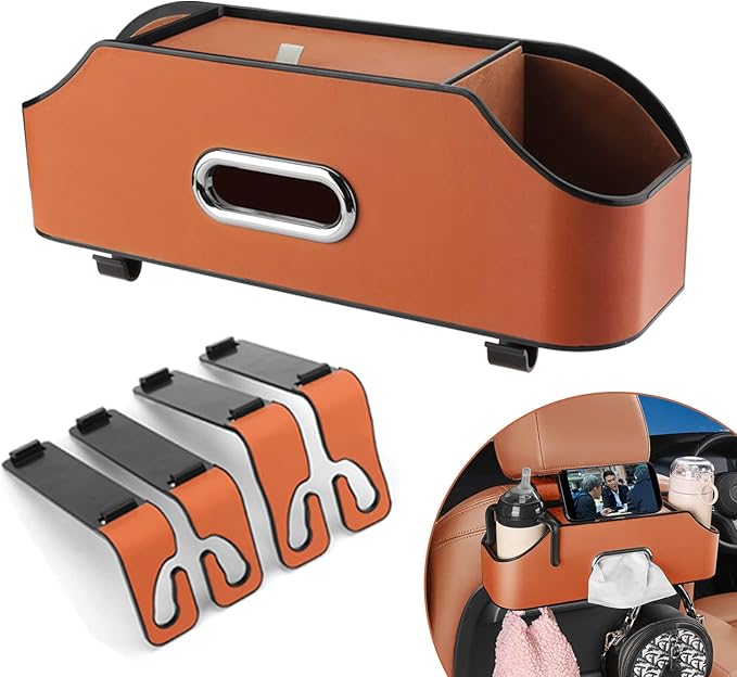 HALOYIVGO Car Seat Back Organizer - Stylish & Functional Storage for Family Adventures - Cup Holders, Tissue Box & Hooks - Perfect for Kids, Road Trips & Travel (Orange)