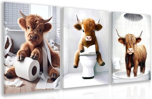 Hianan Funny Highland Cow Canvas Wall Art, Cute Brown Cow Bathroom Decor, Framed Animal Bathing Poster Prints, Retro Rustic Farmhouse Wrapped Canvas Artwork for Restroom 12"x16"x3