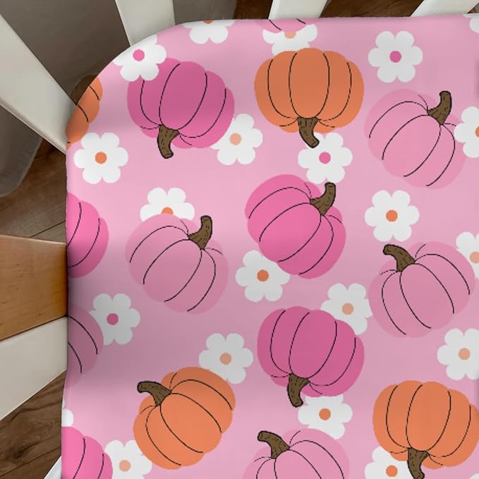 Autumn Pumpkin Boho Floral Baby Crib Sheets Fall Pumpkin Flowers Fitted Crib Mattress Cover Autumn Thanksgiving Harvest Toddler Baby Sheet for Standard Crib 28x52in