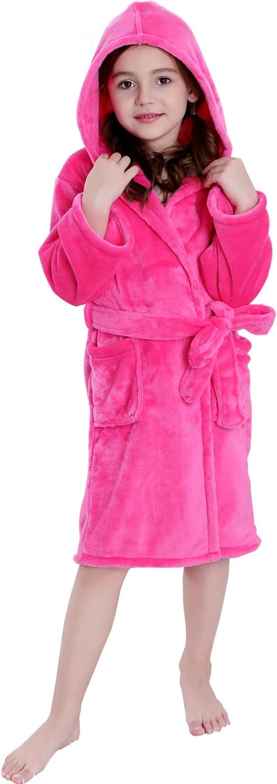 Hooded Herringbone Girl's Fleece Soft Spa Kimono Long Robe,Kids Comfy Sleepwear Bathrobe