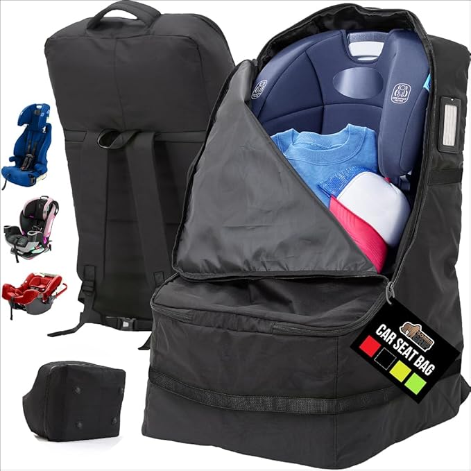 GORILLA GRIP Tear and Water Resistant Padded Car Seat Travel Bag for Airplane and Airport, Universal Fit Baby Carseat Bags, Handle & Shoulder Straps, Air Gate Check Toddler Stroller Carrier, Black